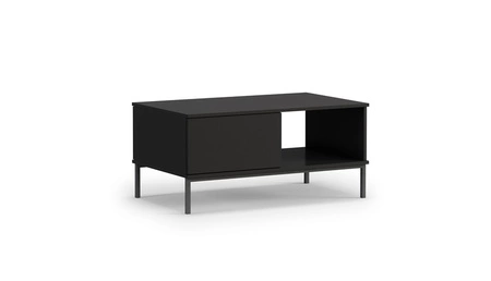 Tutti-Möbelset schwarz einfache Form eines Hängeschranks, der auf einem schwarzen Metallsockel ruht griffloses Push-to-Open-System