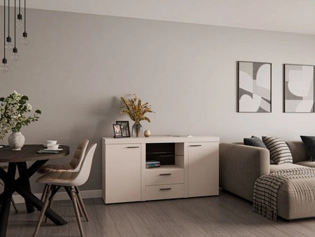 Kommode Rene 156 cm sandbeige elegante und vielseitige Kommode Stil für Wohnzimmer geschmackvolle schwarze Griffe