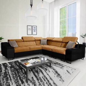 Ecksofa mit Schlaffunktion Alcamo III honig/schwarz rechts funktionelles Ecksofa mit einer Schublade in der Seite zwei Behälter für Bettzeug