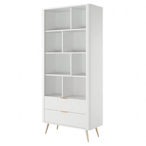 Bücherregal Lante 88 cm weiß elegantes Bücherregal mit Schubladen Designer Riffelung auf Fronten Metallkantengriffe