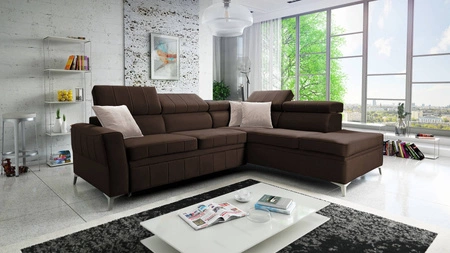 Ecksofa mit Schlaffunktion Rava III braun rechts Samt komfortables Ecksofa mit verstellbaren Kopfstützen und Bettzeugcontainer