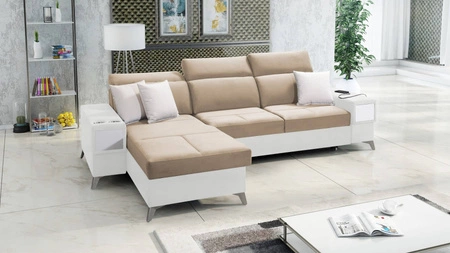 Ecksofa mit Schlaffunktion Elgin beige/weiß linkes Ecksofa mit verstellbaren Kopfstützen praktische Schubladen in Möbelseiten