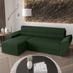 Ecksofa mit Schlaffunktion Fogu II grün linke Seite stilvolles Ecksofa mit bequemen Armlehnen und Bettzeugcontainer