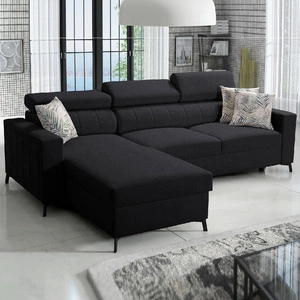Ecksofa mit Schlaffunktion Savona schwarz links komfortables und elegantes Ecksofa mit verstellbaren Kopfstützen Ziernähte