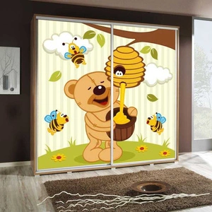 Artistino 205 cm Schiebeschrank mit Teddybärgrafik Schrankkorpus in Eiche catania aus 22 mm starker Platte