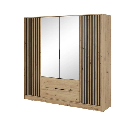 Kleiderschrank mit Spiegel Aspen 206 cm Eiche Artisan / Schwarze Lamellen modernes Design Schranktüren mit dekorativen Lamellen