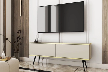 TV-Schrank Luxury 135 cm beige eleganter Design-Korpus mit goldener Zierleiste Schrank auf schwarzen Metallbeinen