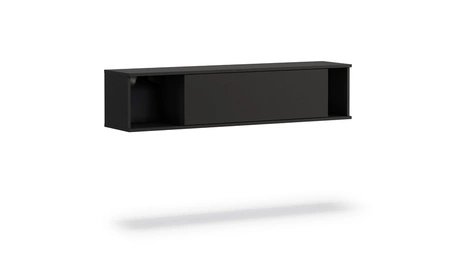 Tutti-Möbelset schwarz einfache Form eines Hängeschranks, der auf einem schwarzen Metallsockel ruht griffloses Push-to-Open-System