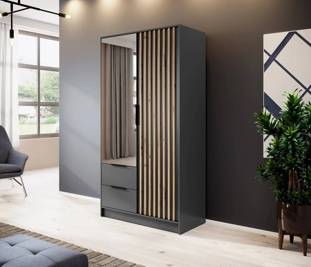 Schrank mit Spiegel Aspen 105 cm Grafit / Eiche Artisan Lamellen modernes Design Schranktüren mit dekorativen Lamellen