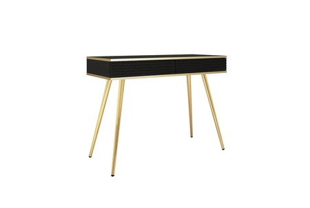 Konsole mit Schubladen Luxury schwarze eleganter Schminktisch mit geriffelten Fronten hohe goldene Beine Körper mit goldenen trim gekrönt