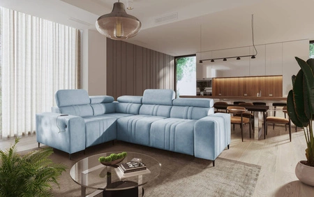 Ecksofa mit Schlaffunktion Castel II blau links bequemes Ecksofa mit verstellbaren Kopfstützen Bettzeugcontainer