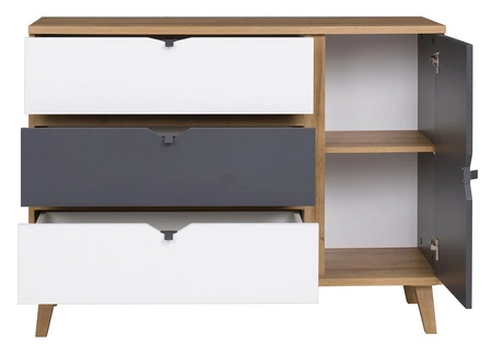 Kommode Memone 120 cm goldene Eiche / weiß / graphit ideale Kommode für ein Jugend- oder Kinderzimmer im skandinavischen Stil