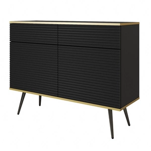 Kommode Luxury 107 cm schwarz stilvolle Kommode mit geriffelten Fronten Körper gekrönt mit Gold trim schwarzen Metall Beine