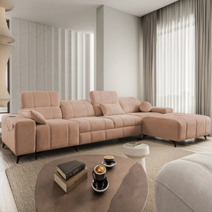 Ecksofa mit Schlaffunktion Penejos XII lachsfarbe rechts stilvolles Ecksofa mit Bettzeugcontainern komfortable verstellbare Kopfstützen