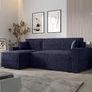 Ecksofa mit Schlaffunktion Brandon Bis marineblau links weicher Stoff mit charakteristischer Schleifenoberfläche Bettzeugbehälter