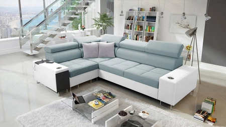 Ecksofa mit Schlaffunktion Dafni II arktikblau/weiß links geflochtenes Ecksofa mit Bettzeugschublade in der Seitenwand