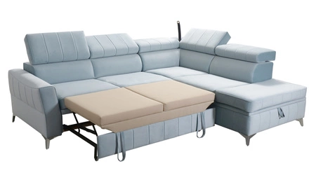 Ecksofa mit Schlaffunktion Rechtsseitiges Ecksofa Rava III aus marineblauem Samt mit verstellbaren Kopfstützen und Bettzeugbehälter