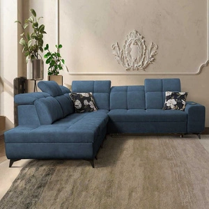 Ecksofa mit Schlaffunktion Buffalo IX blau linke Seite stilvolles Ecksofa für Zimmer aus Velourstoff Zierkissen