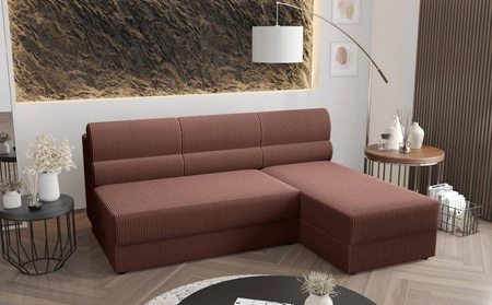 Ecksofa mit Schlaffunktion Fogu Indisches rosa Ecksofa rechts mit einfachem Design, bezogen mit einem Bettcontainer aus Kordstoff