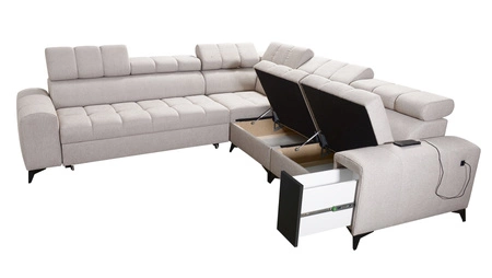 Ecksofa mit Schlaffunktion Bolmso III beige rechtsseitiges Ecksofa mit Bettzeugcontainer Vollauszug in der Seite des Möbels