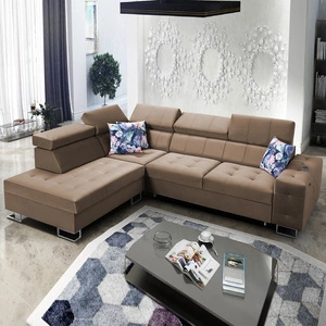 Ecksofa mit Schlaffunktion Hampton VII hellbraunes linkes Ecksofa für Zimmer aus Samtstoff mit glatter Oberfläche
