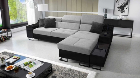 Ecksofa mit Schlaffunktion Alcamo grau/schwarz rechts elegantes und stilvolles Ecksofa mit einer ausziehbaren praktischen Schublade an der Seite des Möbels