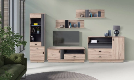 TV Schrank Estan 125 cm Eiche estan hell / anthrazit modernes Möbeldesign hochwertige Verarbeitung Kanten des Bücherregals mit einem speziellen Furnier versehen