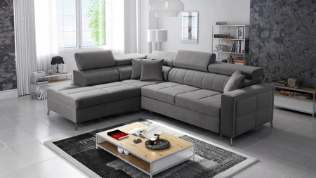 Ecksofa mit Schlaffunktion Nausa III grau links Samt stilvolles bequemes Ecksofa verstellbare Kopfstützen Bettzeugcontainer