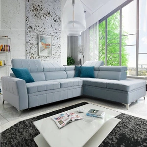 Ecksofa mit Schlaffunktion Rava III blau rechts Samt komfortables Ecksofa mit verstellbaren Kopfstützen und Bettzeugcontainer