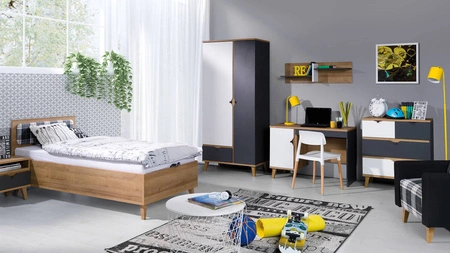Memone Möbelset goldene Eiche / weiß / graphit modernes Design stilvolles Möbelset für Jugendzimmer im skandinavischen Stil
