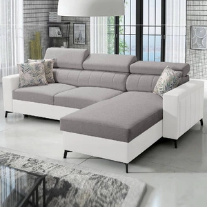 Ecksofa mit Schlaffunktion Savona hellgrau/weiß rechts elegantes Ecksofa mit verstellbaren Kopfstützen Ziernähte