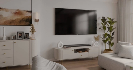 TV Schrank Ovalio 181 cm beige unkonventionelle TV-Schrank für Wohnzimmer Metall dekorative Accessoires Fräsen