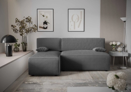 Ecksofa mit Schlaffunktion Brandon grau linke Ecke dreidimensionaler Stoff mit ausdrucksstarken Streifen Bettzeug Container