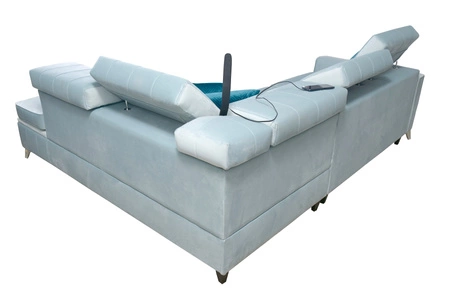Ecksofa mit Schlaffunktion Rava III blau rechts Samt komfortables Ecksofa mit verstellbaren Kopfstützen und Bettzeugcontainer