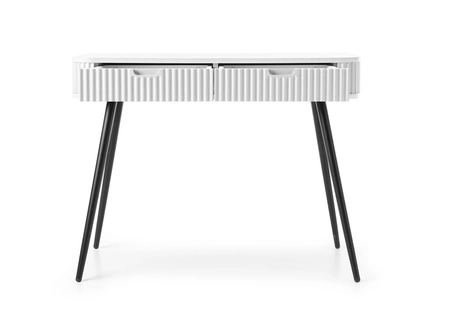 Zoya weiß Konsole mit Schubladen stilvolle und funktionale Schminktisch geschwungene massive Form geriffelte Schubladenfronten Metallbeine