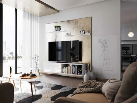 TV-Wandschrank Astros 180 cm weiß / weiß glänzend mit Einlegeböden minimalistisches und elegantes Design, das sich in jede Einrichtung einfügt 