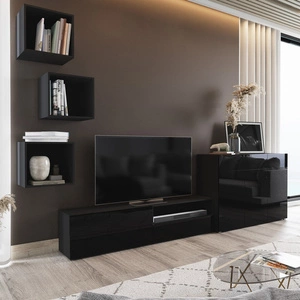 Aridea schwarz / schwarz glänzend Schrankwand minimalistisches Design in einem modernen Umfeld vielseitige und funktionale Wohnzimmermöbel