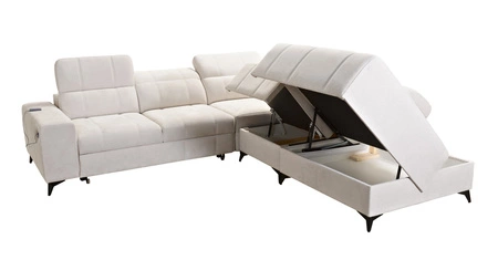 Ecksofa mit Schlaffunktion Penejos IX lachsfarbe rechts stilvolles Ecksofa mit Bettzeugcontainern komfortable verstellbare Kopfstützen