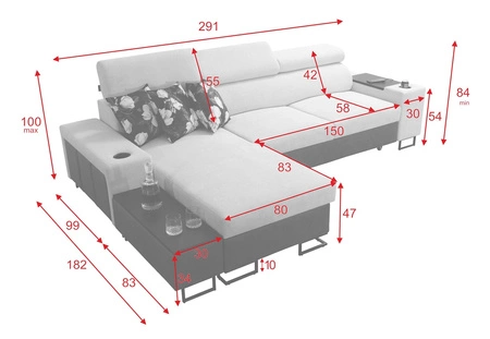 Ecksofa mit Schlaffunktion Flavio grau links bequemes elegantes Ecksofa mit einer offenen Bar in der Seite des Möbels
