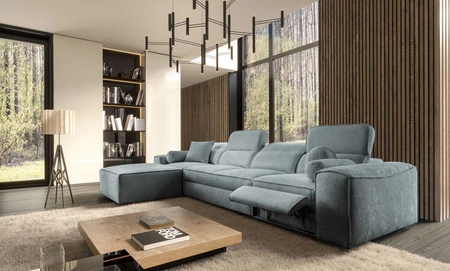 Ecksofa mit Schlaffunktion Viano XII Lux grau blau links Design-Ecksofa für das Wohnzimmer mit bequemer ausziehbarer Fußstütze