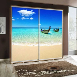 Artistino 205 cm Schiebeschrank mit Strandgrafik Schrankkorpus in Eiche Catania aus 22 mm starker Platte