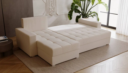 Ecksofa mit Schlaffunktion Pablos dunkelblau Universal-Ecksofa mit Bettwäsche-Container und dekorativer Steppung auf der Sitzfläche