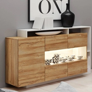 Kommode Elma 155 cm Eiche grandson / weiß modernes Möbeldesign Kommodenkante mit speziellem ABS-Furnier verarbeitet