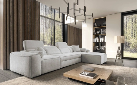 Ecksofa mit Schlaffunktion Viano XII grau Esche rechts Ecksofa mit interessanter Form verstellbare Kopfstützen Zierkissen