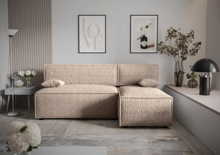 Ecksofa mit Schlaffunktion Brandon beige rechte Seite weicher Stoff mit charakteristischer Schlingenoberfläche Bettzeugbehälter