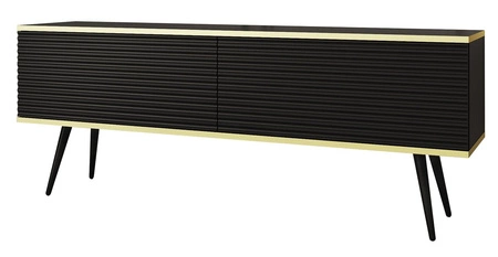 TV-Schrank Luxury 135 cm schwarz elegantes Design stilvolle geriffelte Front Korpus mit goldenen Zierleisten schwarze Metallbeine gekrönt
