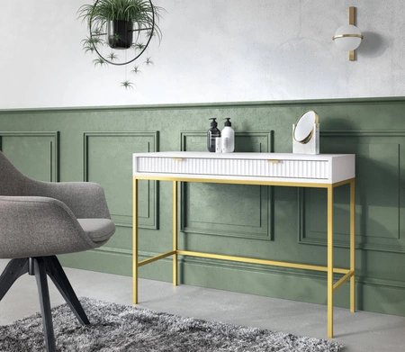 Lovro weiße Konsole mit Schubladen stilvolles und funktionelles Möbelstück für den Flur, das Wohnzimmer oder das Büro Metallrahmen in goldener Farbe