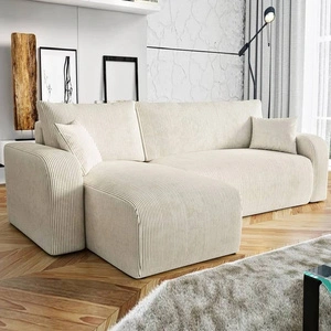 Ecksofa mit Schlaffunktion Fiesta beige universal Ecksofa für Wohnzimmer Kordstoff Bettzeug Container