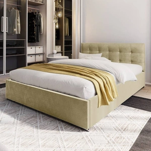 Polsterbett Montigo 180x200 beige mit Container im modernen skandinavischen Stil mit gestepptem Kopfteil