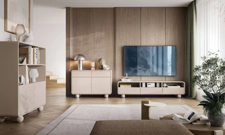 TV Schrank Bion 180 cm beige modernes Design abgerundete Linien TV-Schrank Designer kugelförmige Beine